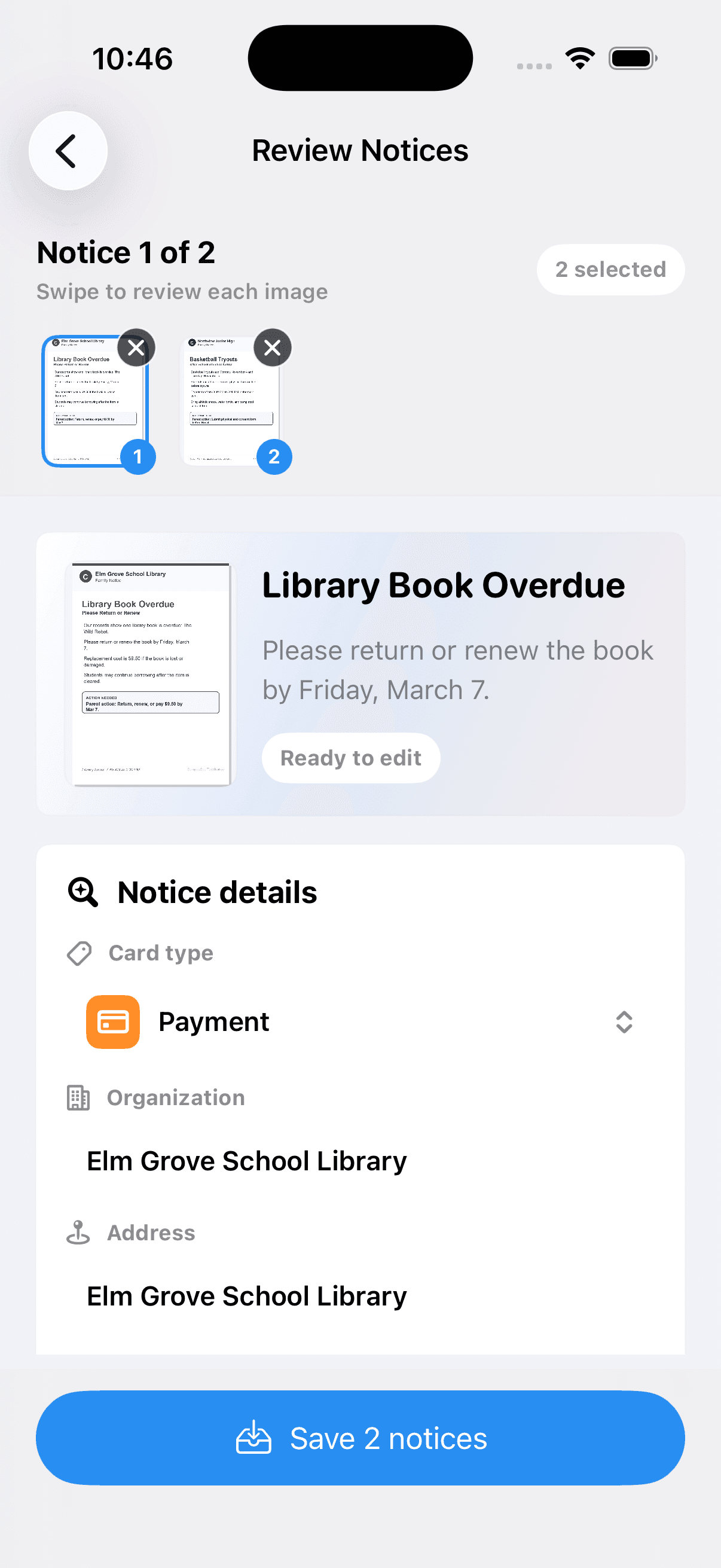 CampusCue review screen showing extracted notice details