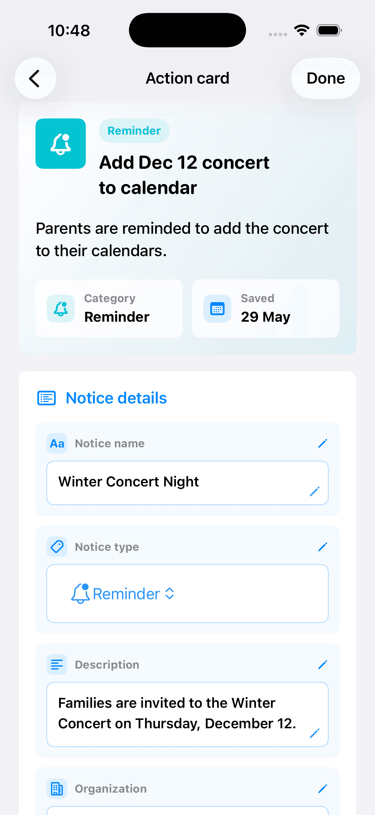 CampusCue editable action card details