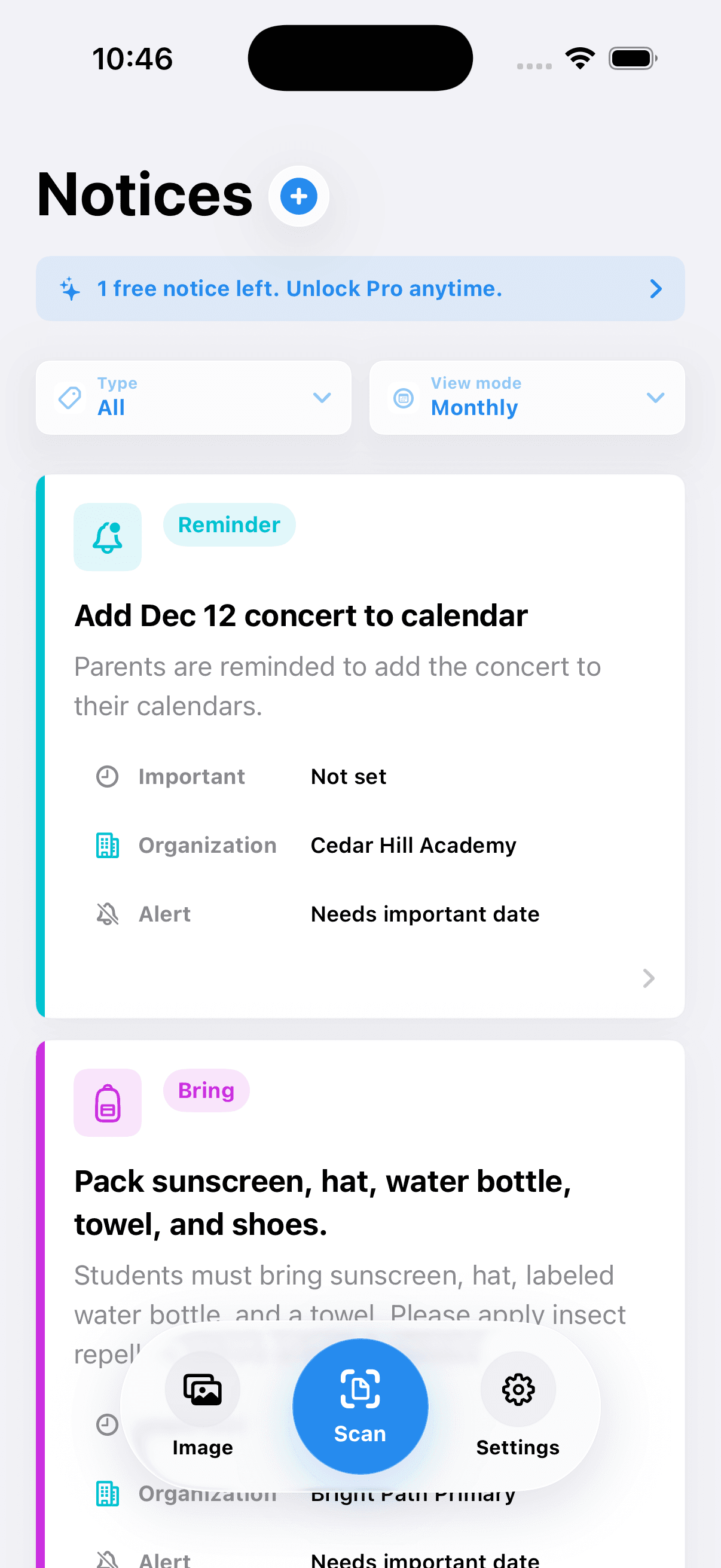 CampusCue action inbox with reviewed school notice cards